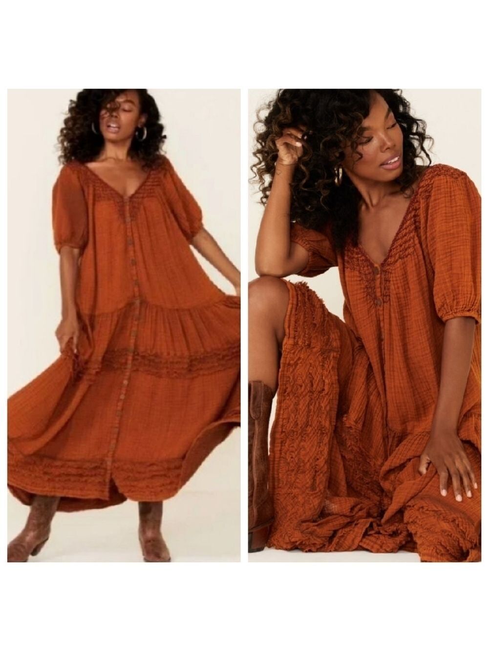 Free People XS Sunday Stroll Smocked Ruffle Boho Oversized Maxi Dress
